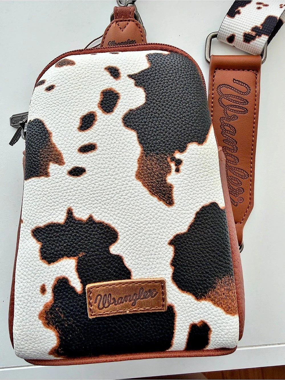 Wrangler Cow Print Crossbody Sling Chest Bag Brown & White NWT
